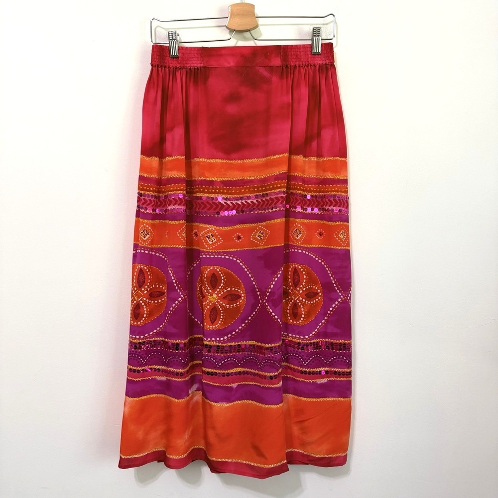 Diane Gilman Skirt M Silk Midi Sequins Orange Boho Pull On Y2K Party Vacation
